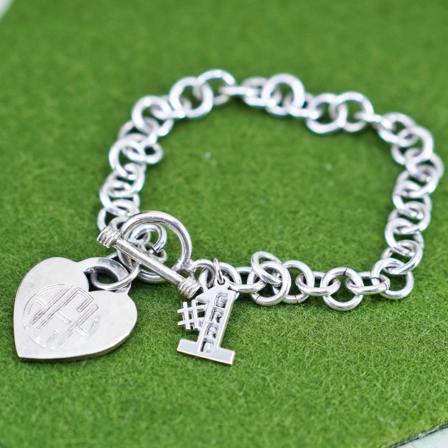6.75”, sterling silver circle bracelet, 925 chain heart charm monogram “AEH”