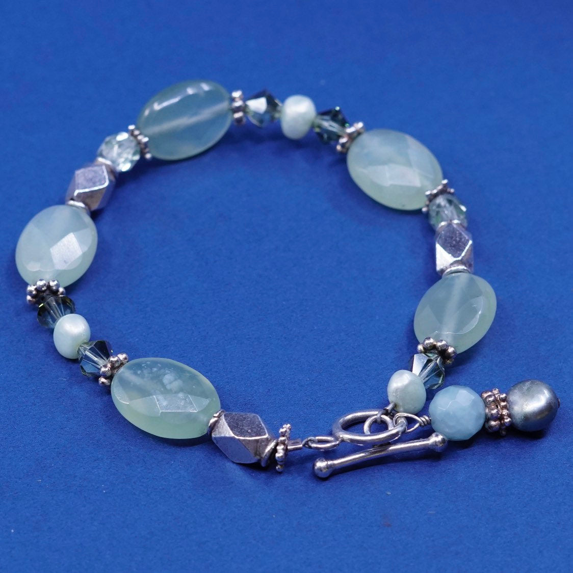 7.25", vtg Sterling silver handmade bracelet, 925 nugget w/ checker cut jade