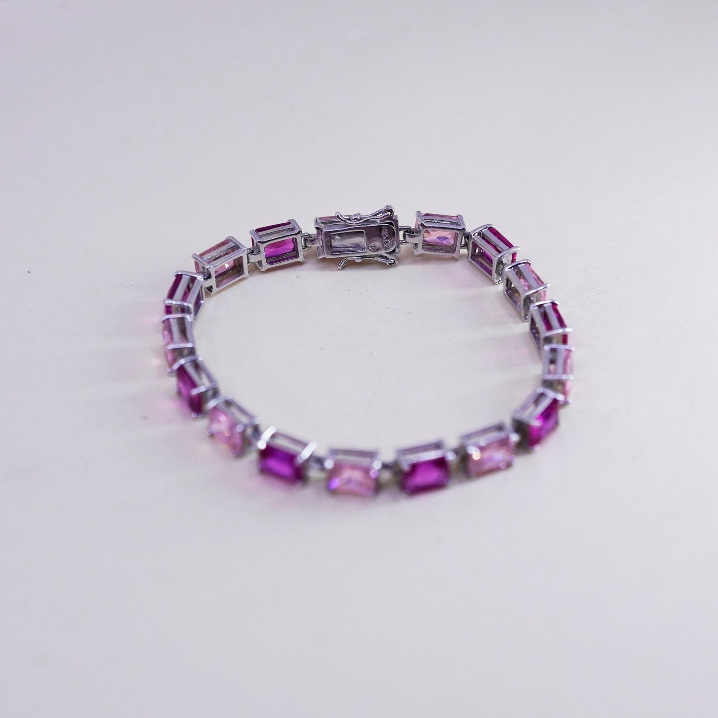 7.25”, vtg Sterling silver fashionable tennis bracelet, 925 chain pink crystal