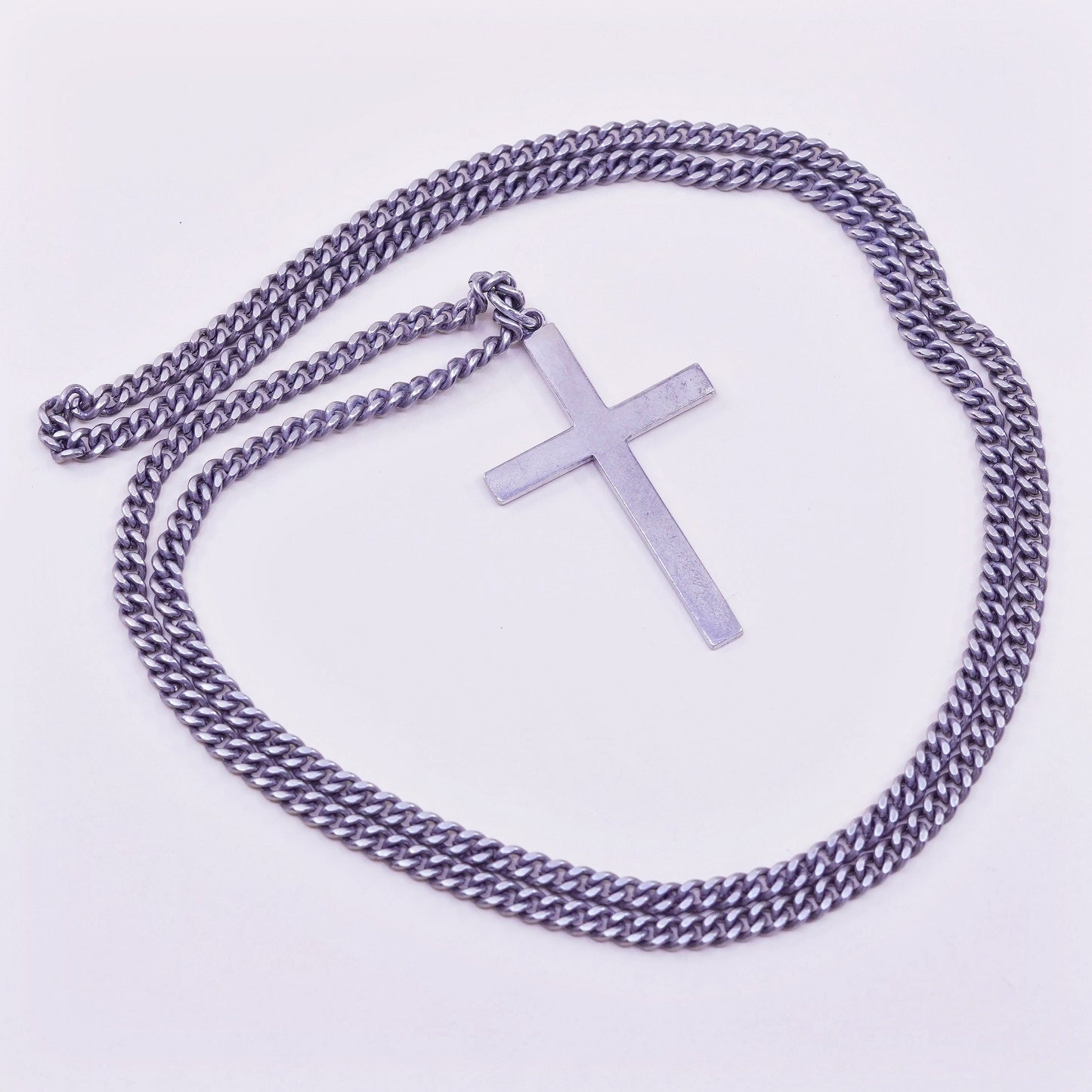 24”, 3mm, Vintage sterling 925 silver curb chain with cross pendant, necklace