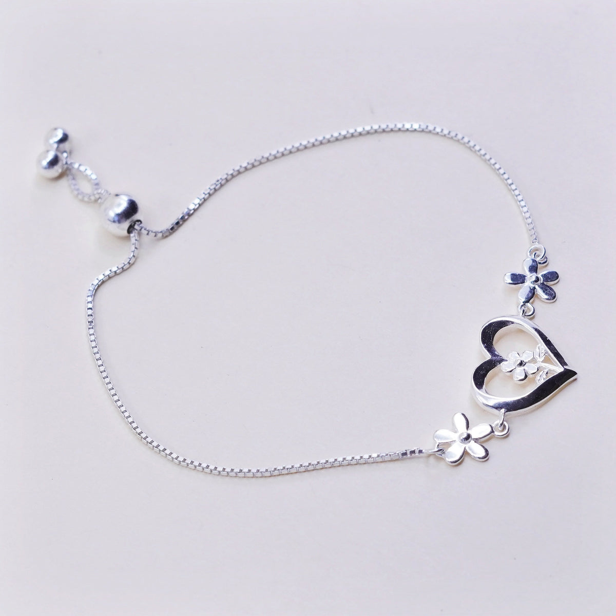 Size adjustable, sterling silver bracelet, fine 925 box chain w/ heart N flower