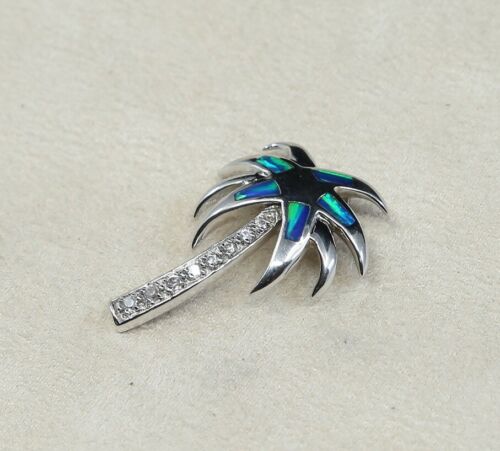 Vintage Sterling Silver Pendant, 925 Palm tree W/ Opal Inlay And Crystal Detail