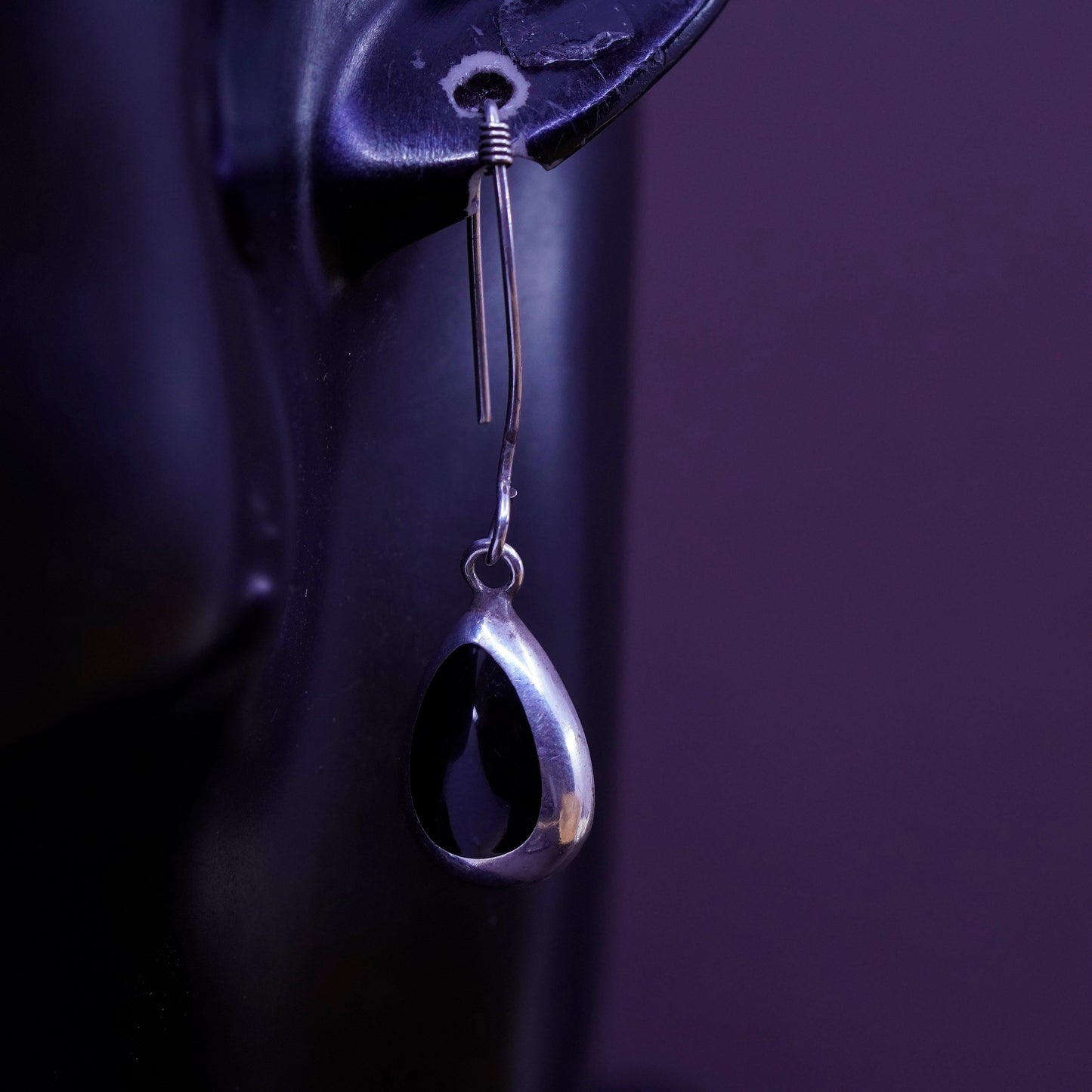 Vintage Sterling 925 silver handmade earrings with teardrop obsidian inlay