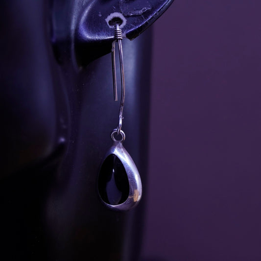 Vintage Sterling 925 silver handmade earrings with teardrop obsidian inlay