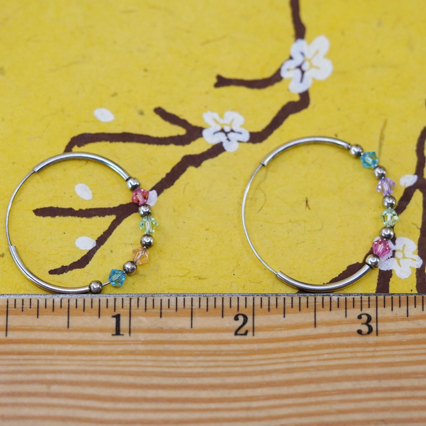 1.25”, vintage Italy Sterling silver handmade hoops 925 huggie earrings crystal