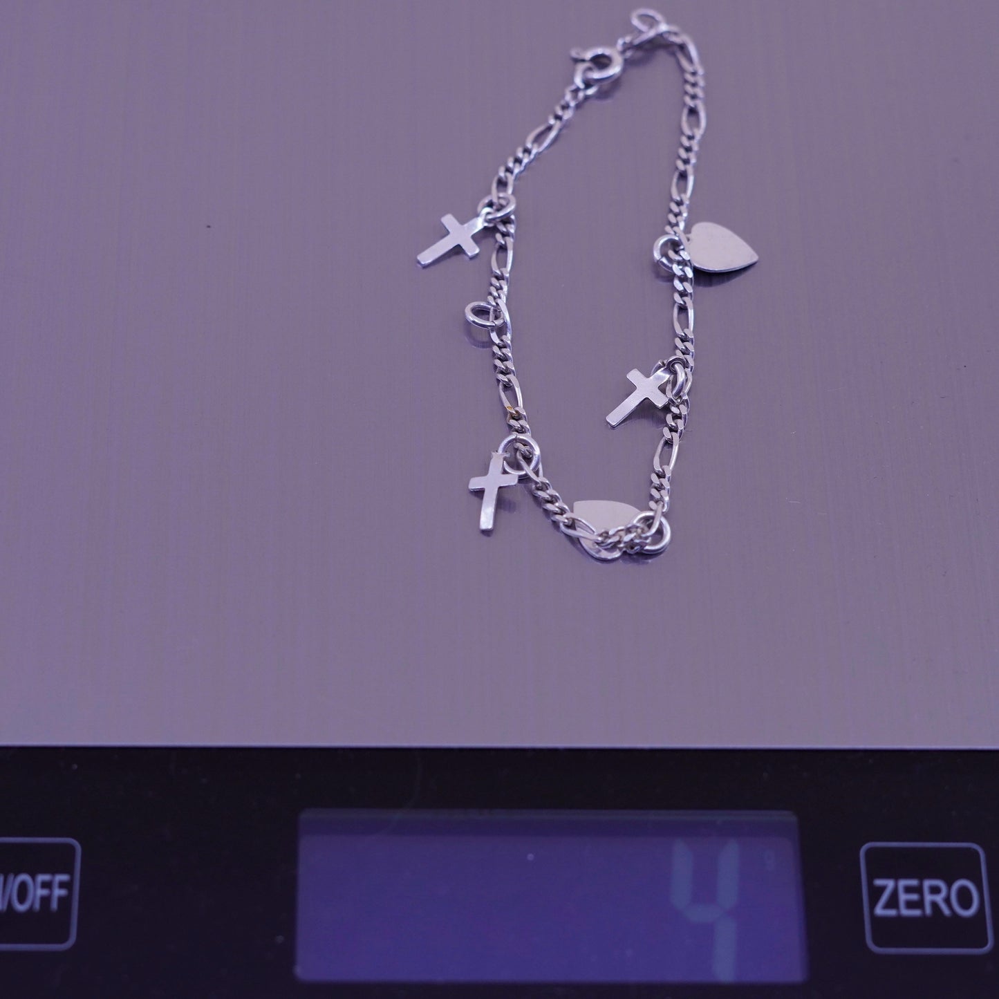 7”, Vintage sterling silver heart bracelet, 925 figaro chain heart cross charms