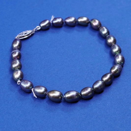 7", Sterling silver handmade bracelet, 925 clasp w/ black pearl beads