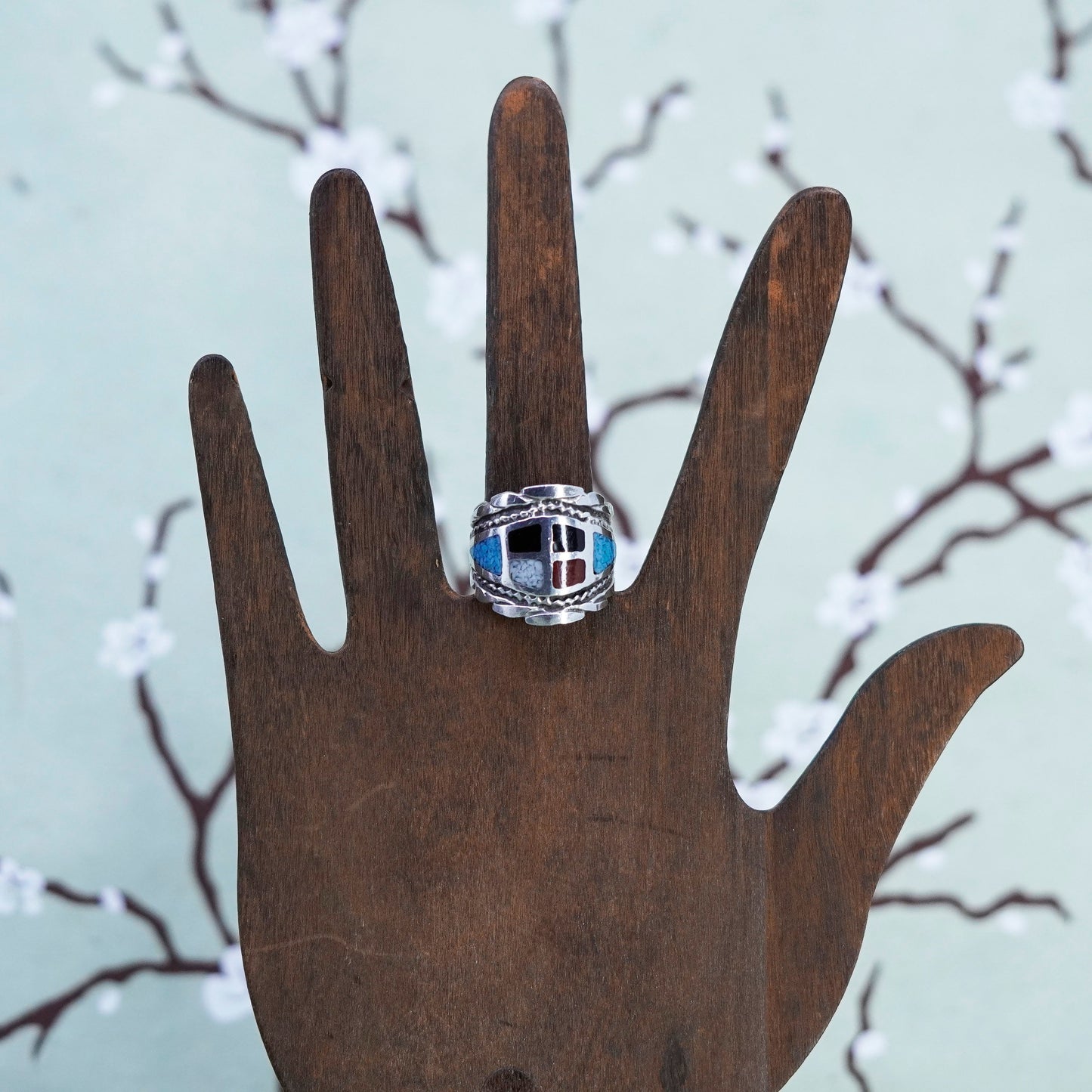 Size 8, Native American sterling silver Zuni ring, 925 wrap band turquoise