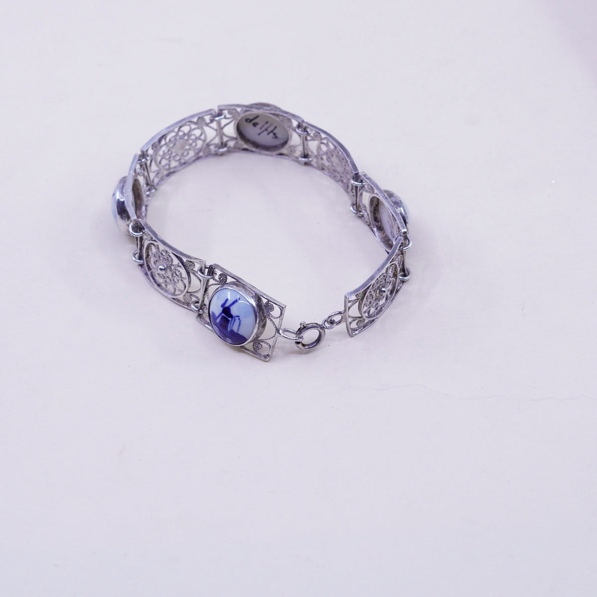 vtg Holland Delft Blue Windmill .925 Sterling Silver Bezel filigree bracelet