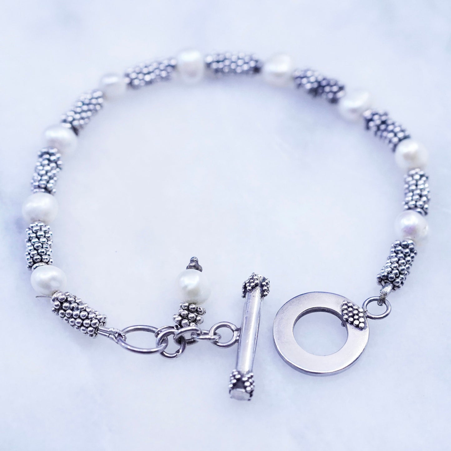 7”, vintage Sterling 925 silver handmade bracelet with freshwater pearl beads