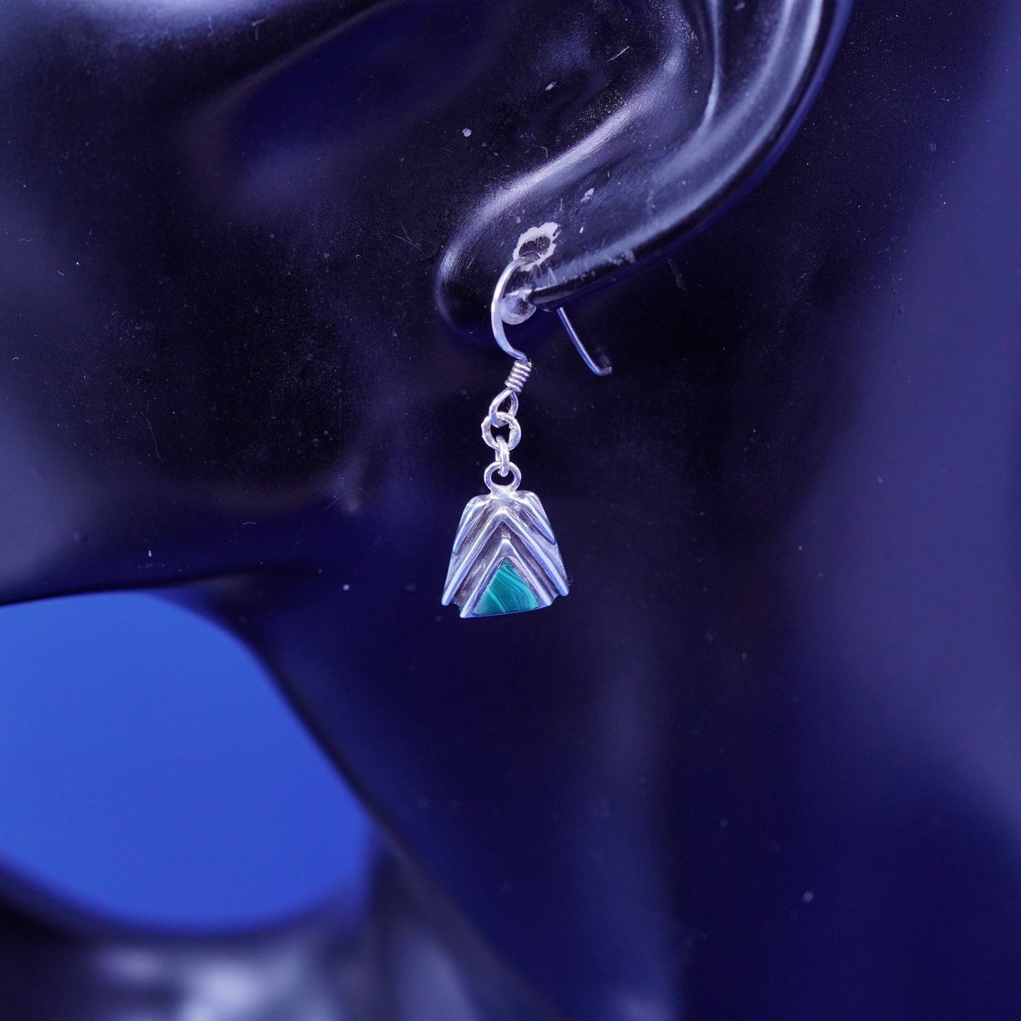 southwestern sterling 925 silver handmade triangular earrings with malachite