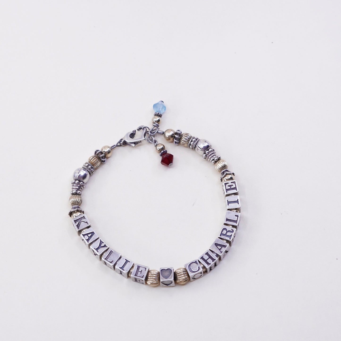 6.75”, 14K gold beads with Sterling 925 Silver bracelet “Kaylie heart Charlie”
