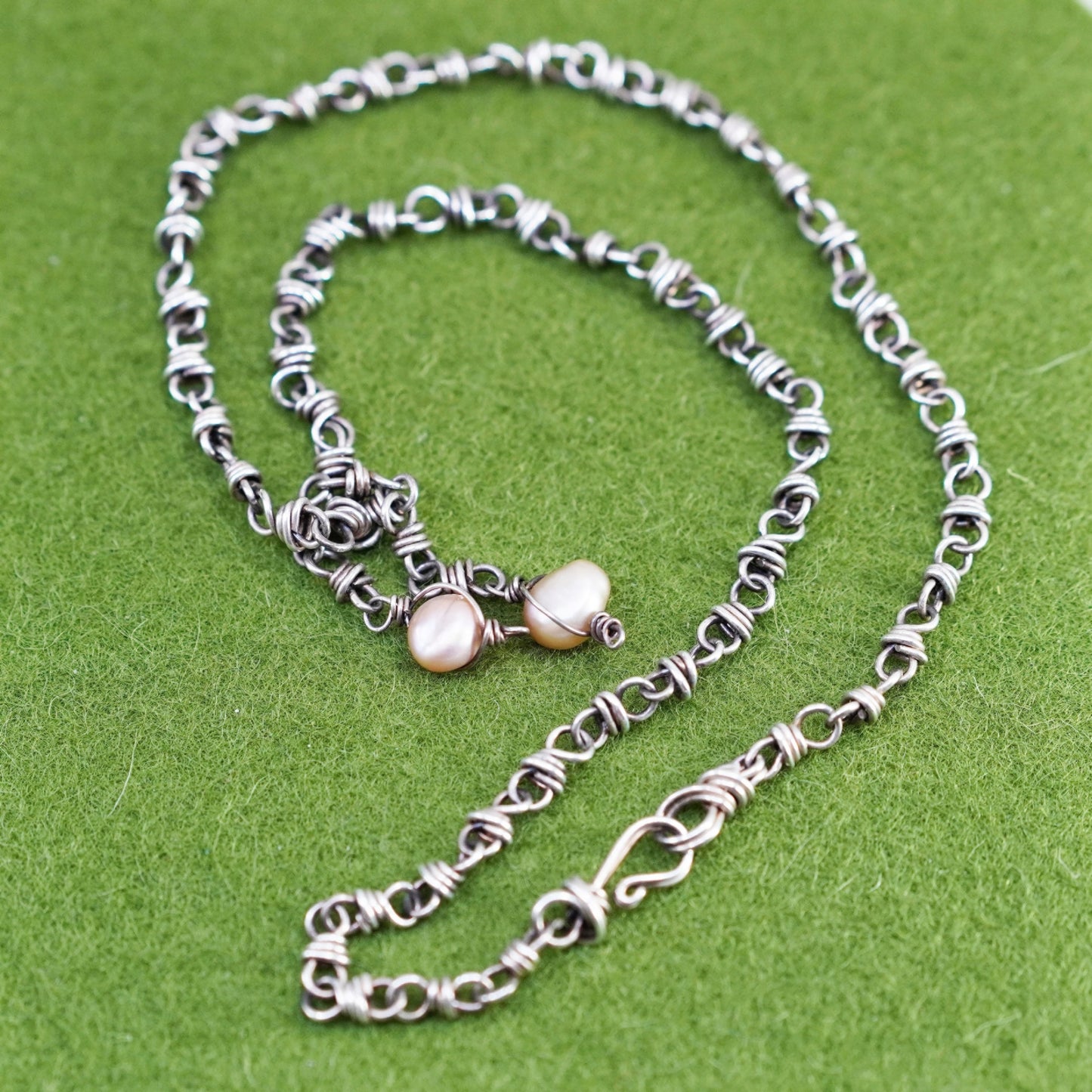 16”, vintage sterling 925 silver handmade necklace, circle chain with pearl