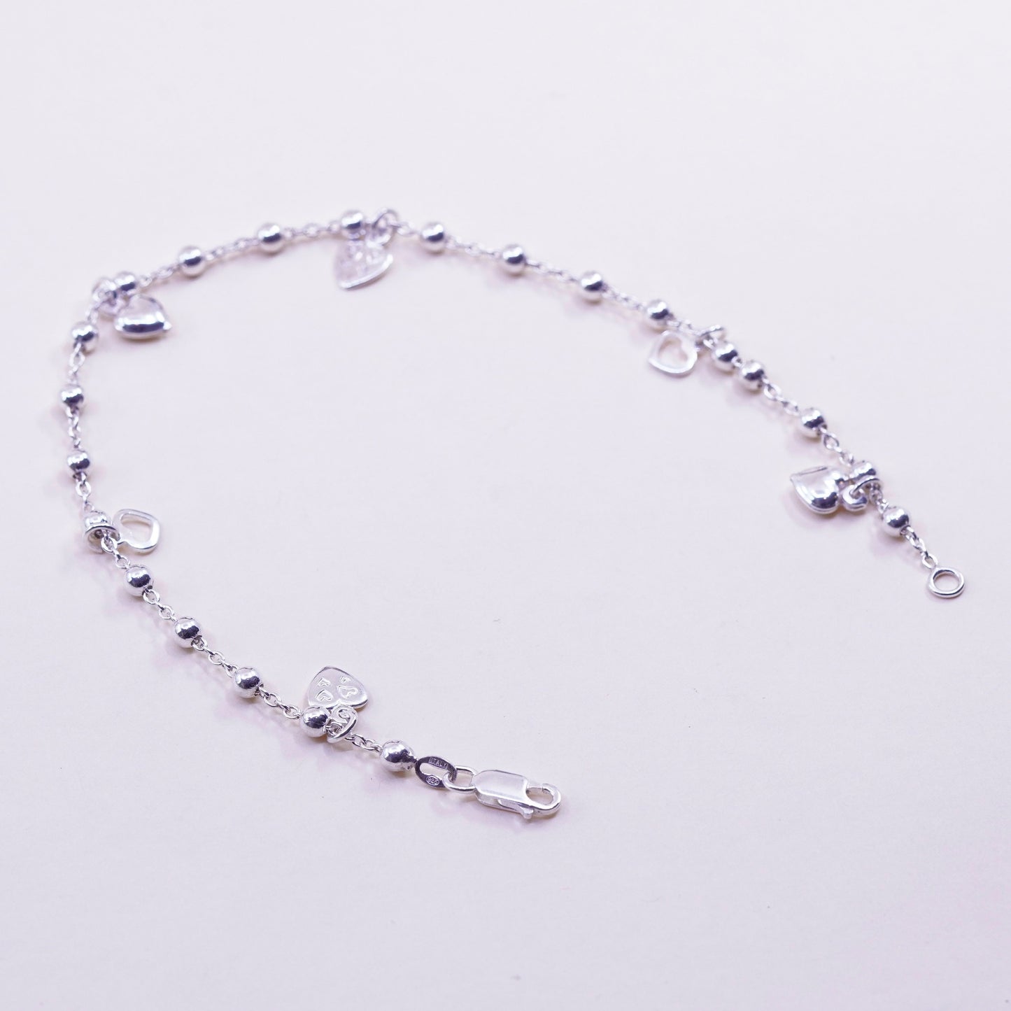 9.75”, sterling silver handmade anklet bracelet, 925 circle chain heart charms