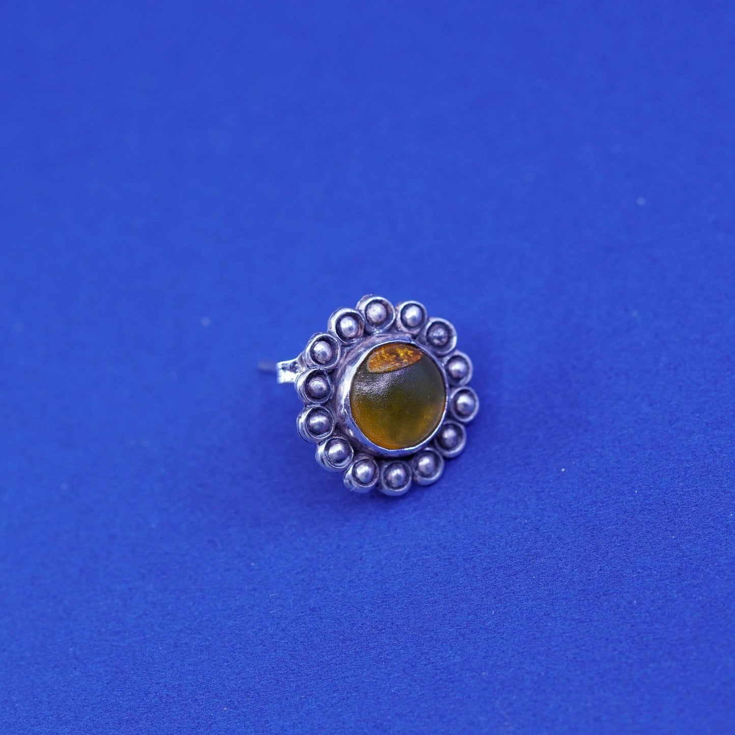 Vintage sterling silver handmade earrings, 925 flower studs with round amber