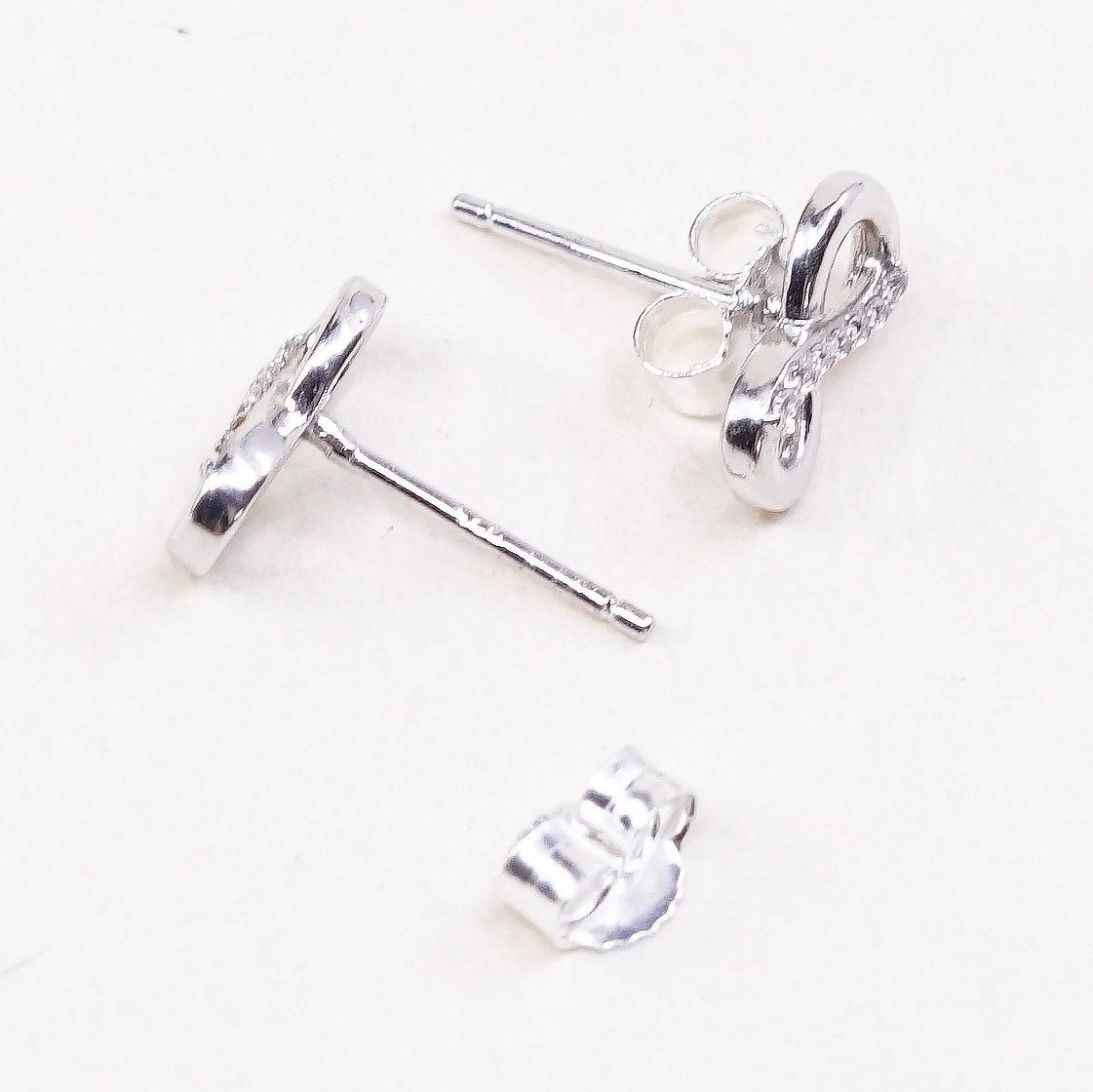 8mm, sterling 925 silver earrings w/ clear crystal infinity symbol studs
