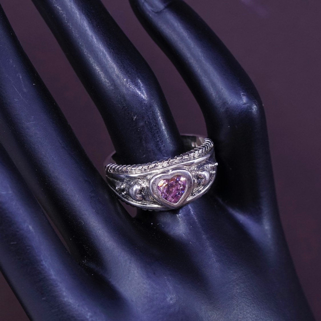 sz 10.25, vtg sterling silver handmade ring, pink crystal heart 925 band
