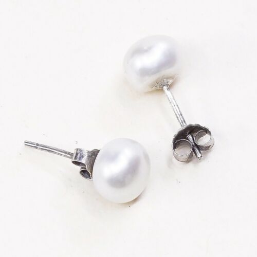 Vtg Handmade STERLING SILVER earrings with pearl Studs stamped 925