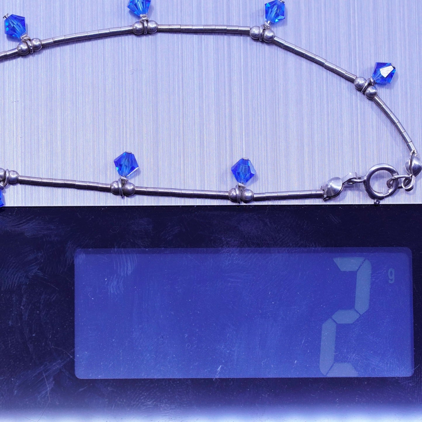 7”, Sterling 925 silver handmade bracelet, liquid chain w/ blue crystal charms