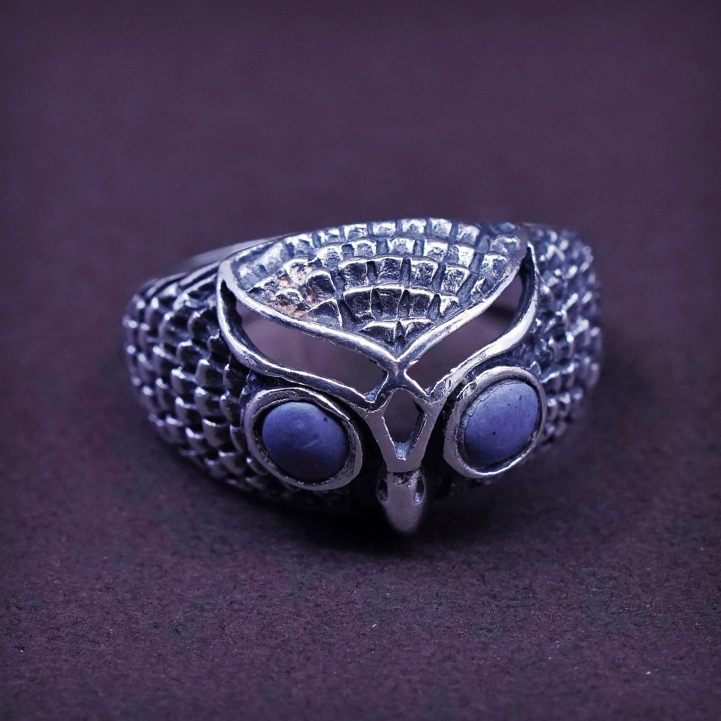 Size 7, vtg Sterling 925 silver handmade statement owl band ring with lapis