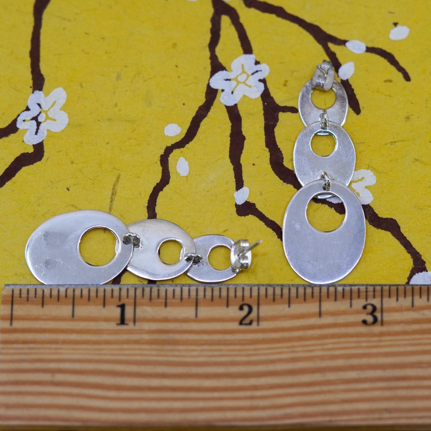 Vintage Sterling silver handmade earrings, 925 oval disc dangle