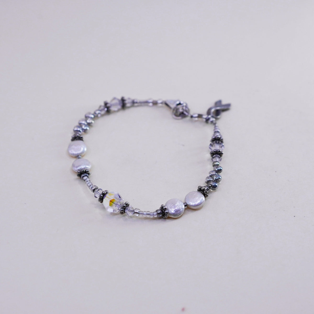 7”, Sterling silver bracelet, 925 pearl beads breast cancer cure ribbon charm