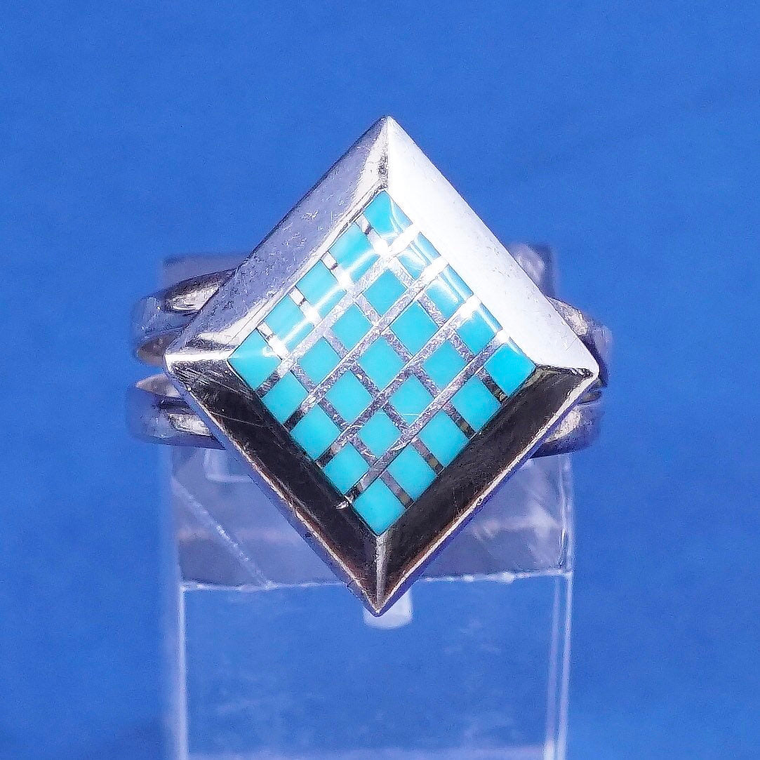 sz 10.5, vtg zuni sterling silver handmade ring, 925 w/ turquoise southwestern