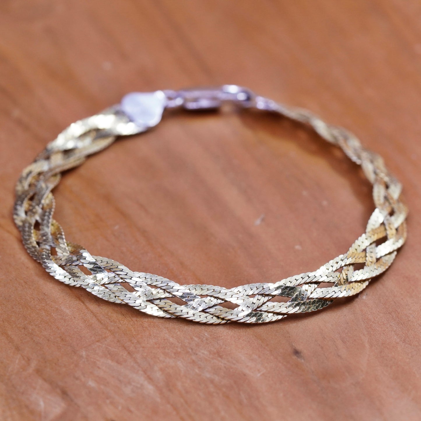 7.25”, vermeil gold over Sterling silver braided woven herringbone bracelet