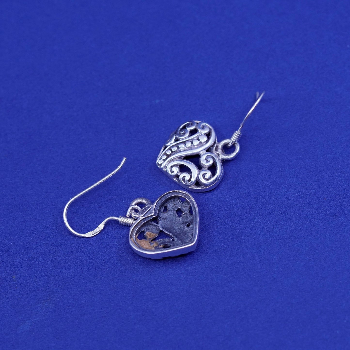 Vintage Sterling silver handmade earrings, 925 Bali filigree heart drops
