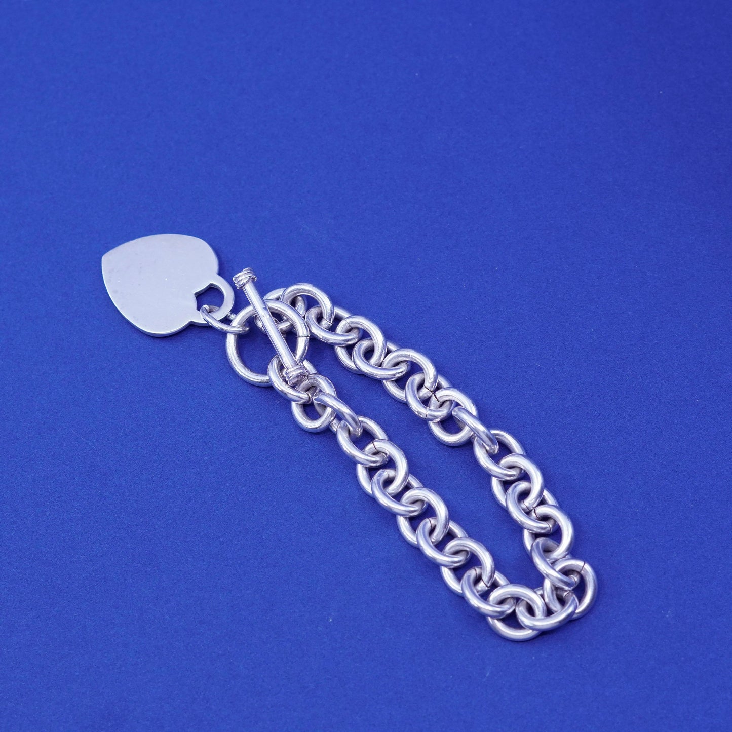 6.25”, vintage Sterling silver bracelet, 925 bold circle chain heart tag charm