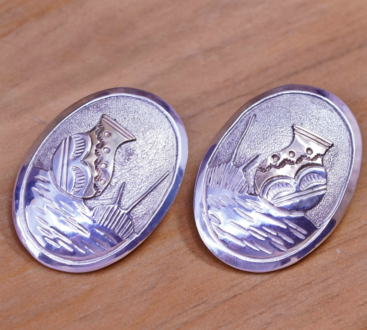 Native American Two Tone Sterling silver earrings, Navajo 925 studs vase relief
