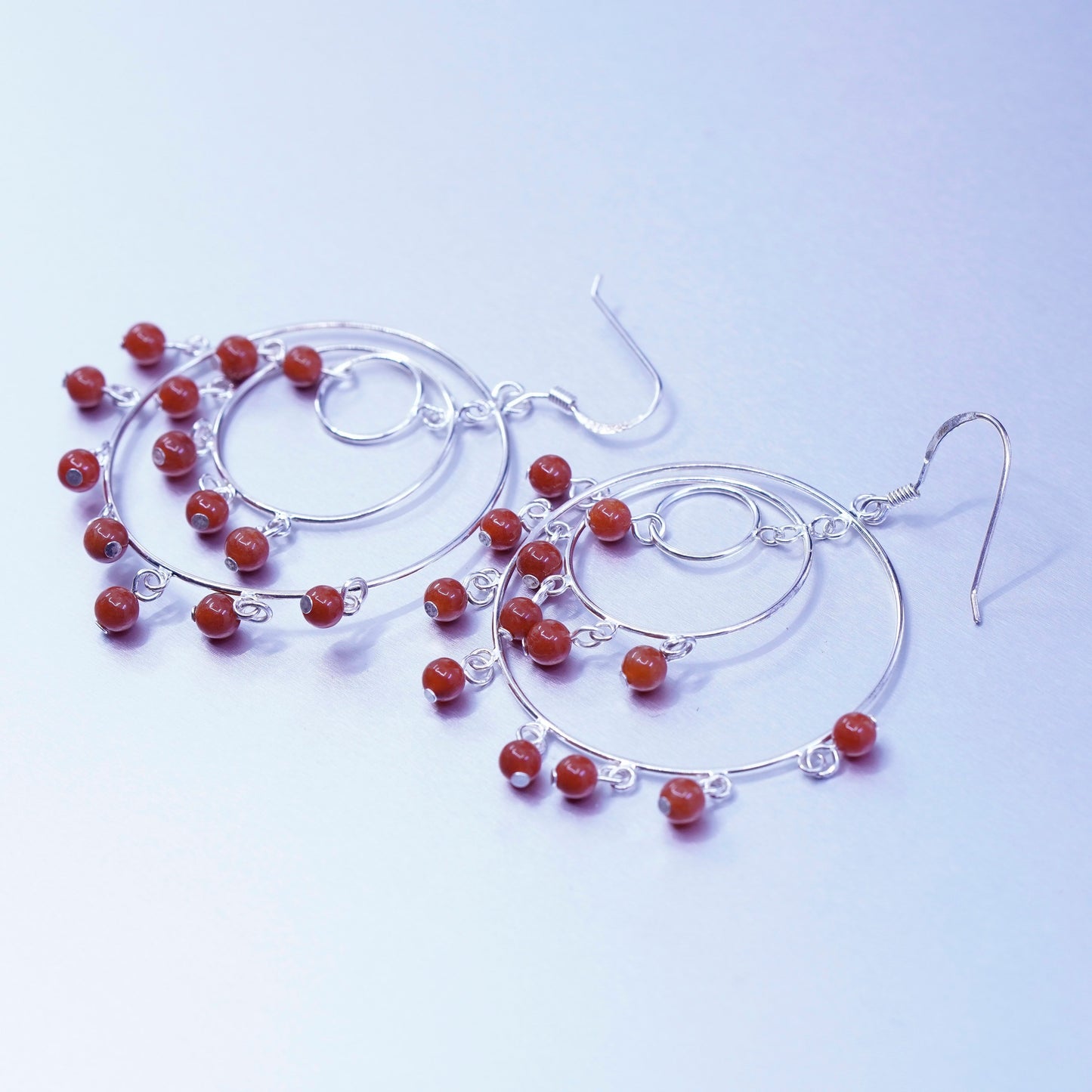 Vintage Sterling 925 silver handmade multi circle earrings with carnelian beads
