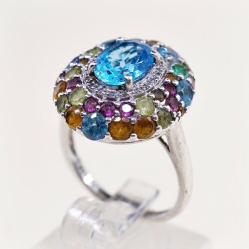 Sz 7.5, Vtg Sterling silver Engagement ring, 925 W/ Colorful Cluster Crystal