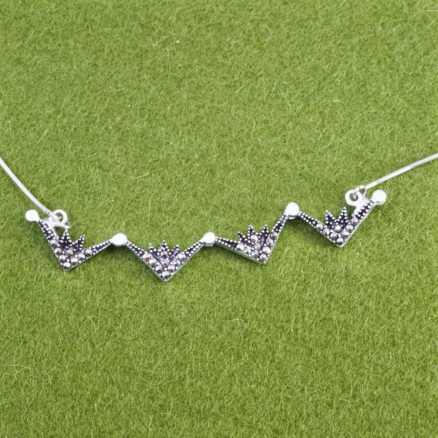 20”, sterling 925 silver necklace, snake chain w/ marcasite triangular pendant