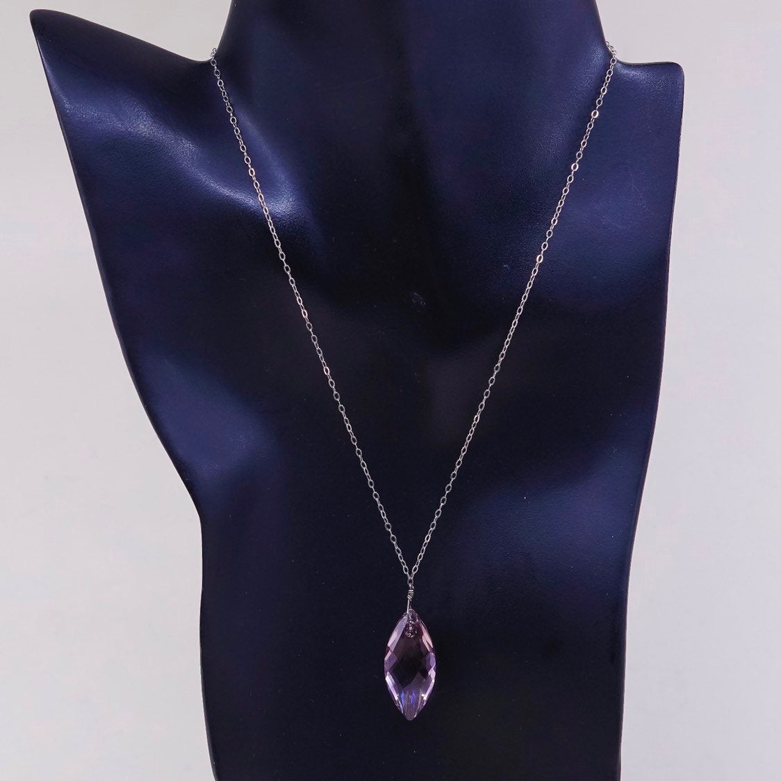 16", 2mm, vtg Sterling 925 silver handmade necklace w/ pink crystal pendant