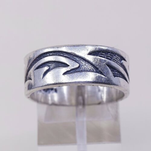 Size 10, Vtg Sterling Silver Handmade Texture Embossed Ring, Mexico 925 Band