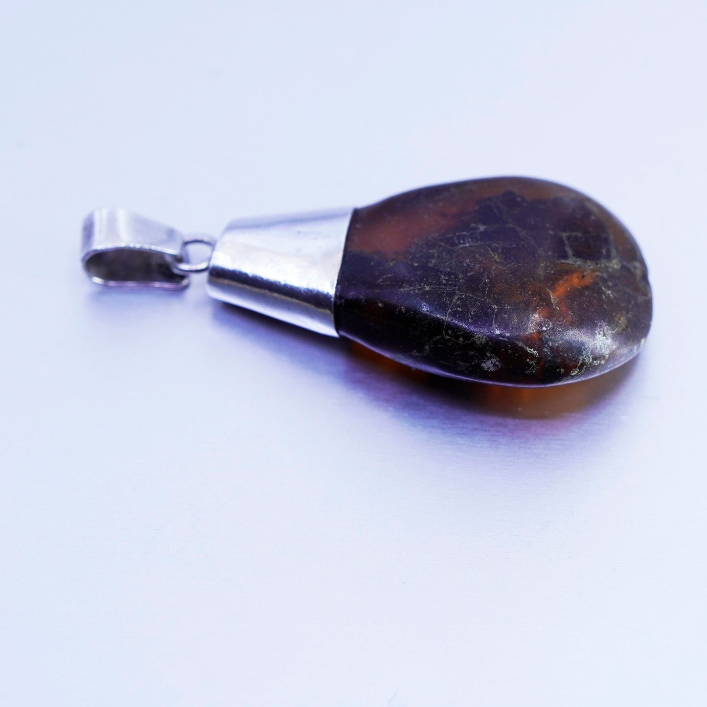 antique sterling 925 silver handmade pendant with teardrop amber