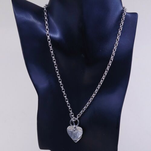 18” 4mm, Vtg 925 Sterling Silver Handmade Circle chain Heart Charm necklace