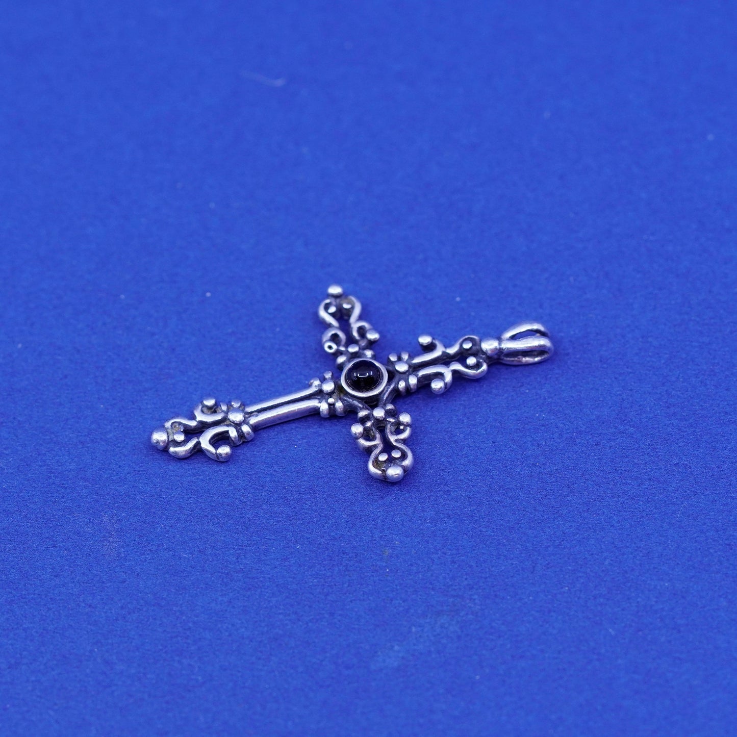 Vintage Sterling silver handmade pendant, 925 bali cross with obsidian