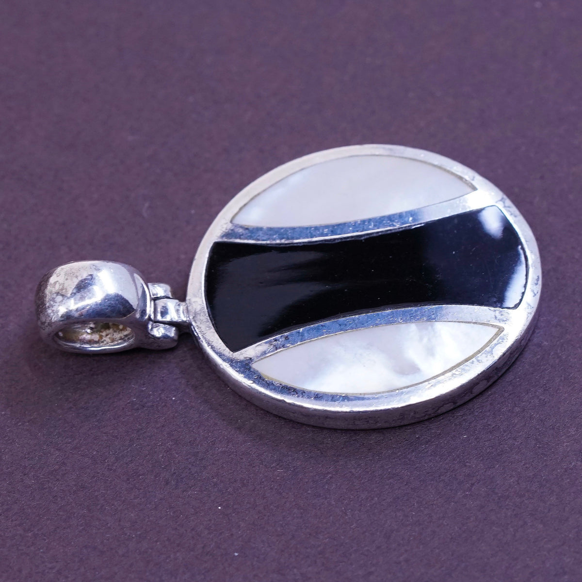 vtg Sterling 925 silver pendant with obsidian and mother of pearl