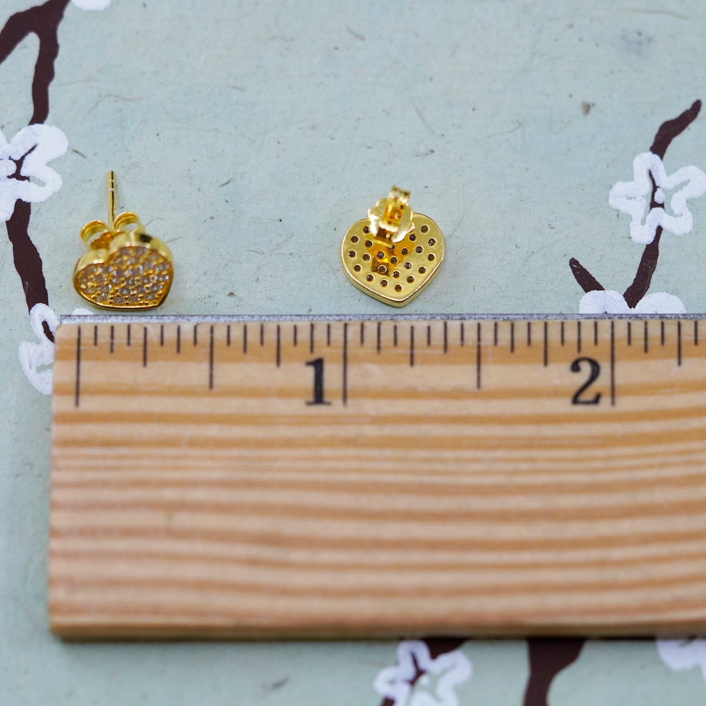 Vintage vermeil gold over Sterling silver earrings, 925 heart studs with cz