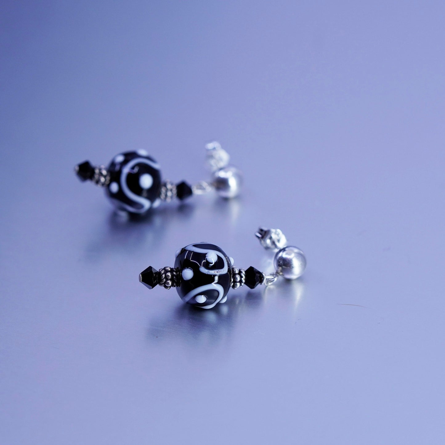 Italian sterling 925 silver earrings, authentic black artisan glass