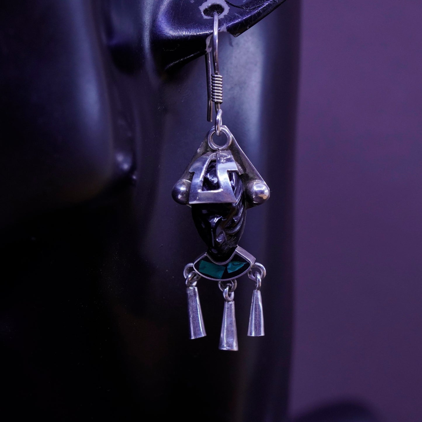 Vintage Sterling 925 silver handmade earrings worrier obsidian teardrop dangles