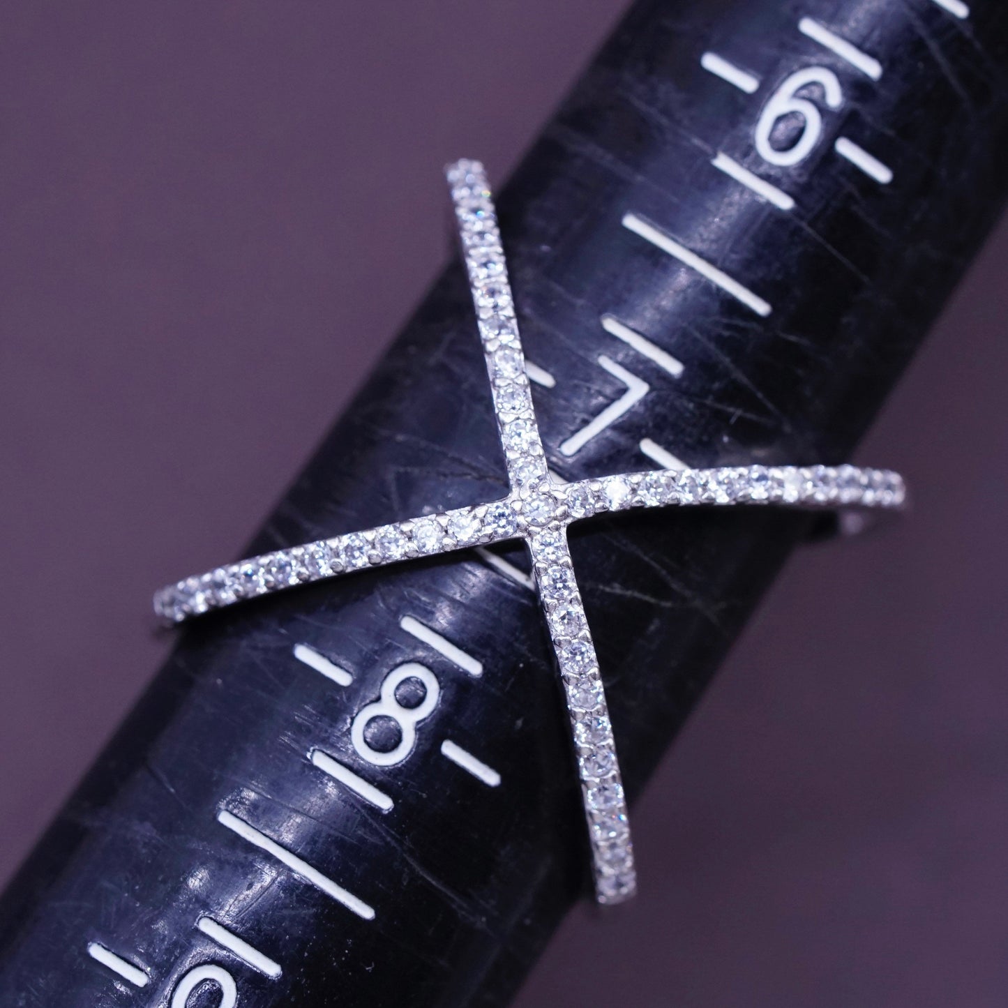 Size 7.25, vintage Sterling silver handmade ring, 925 cross band with cz