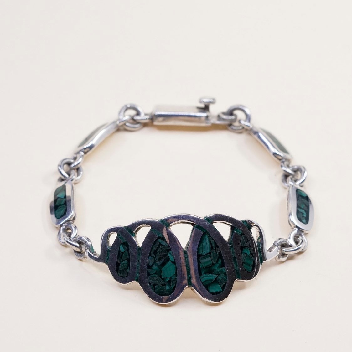 7.5", VTG mexico Sterling silver Handmade bracelet, Mexico 925 w/ malachite