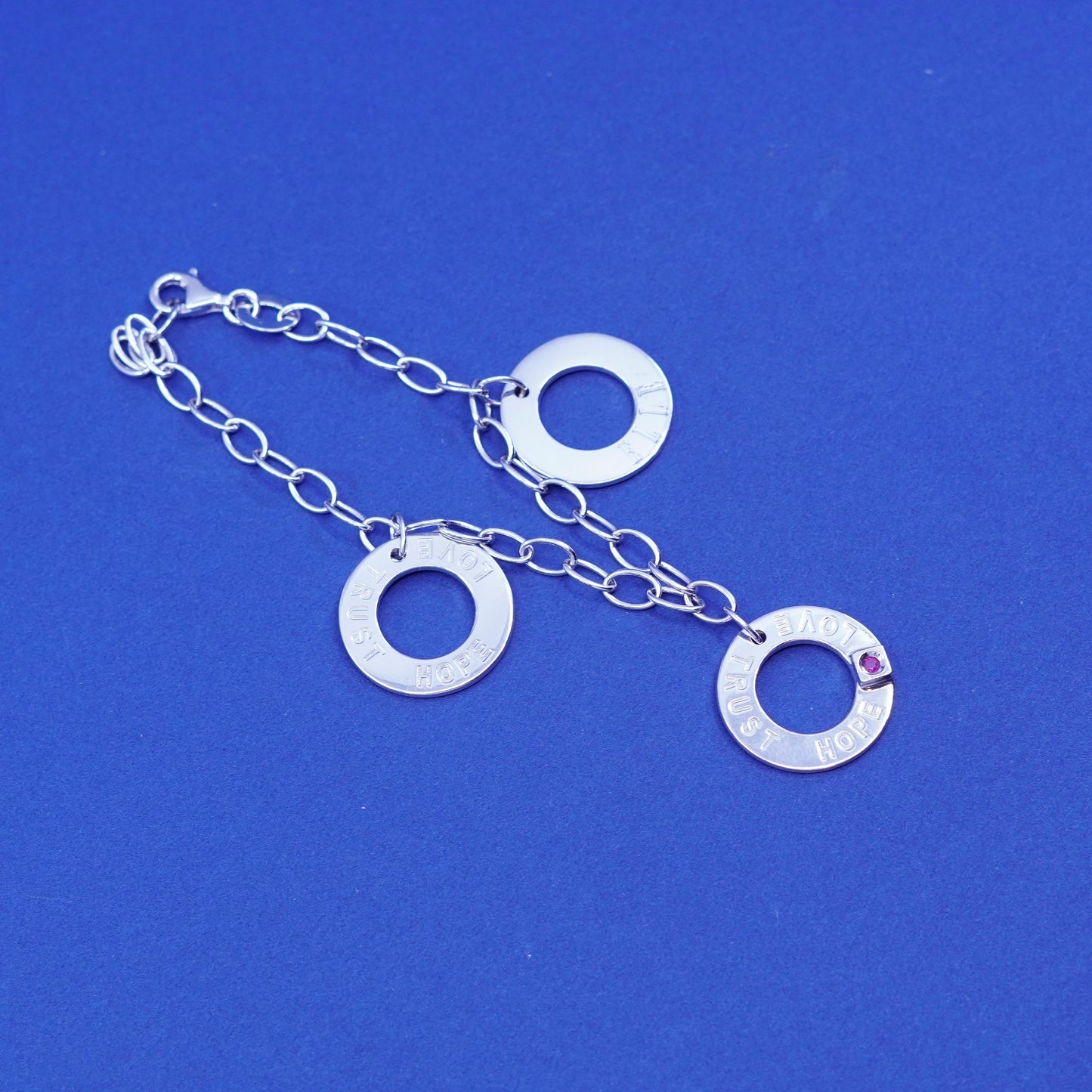 6.5”, Elle Sterling silver handmade bracelet, 925 chain circle tag charms ruby