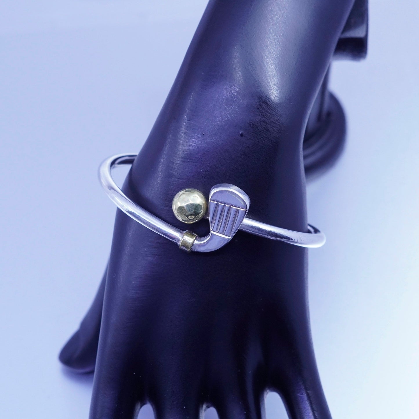 7”, Mexico two tone Sterling 925 silver handmade golf bracelet, hinged bangle