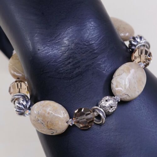 7”, Vtg Sterling Silver Handmade Bracelet 925 W/ Agate Beads N Toggle Closure
