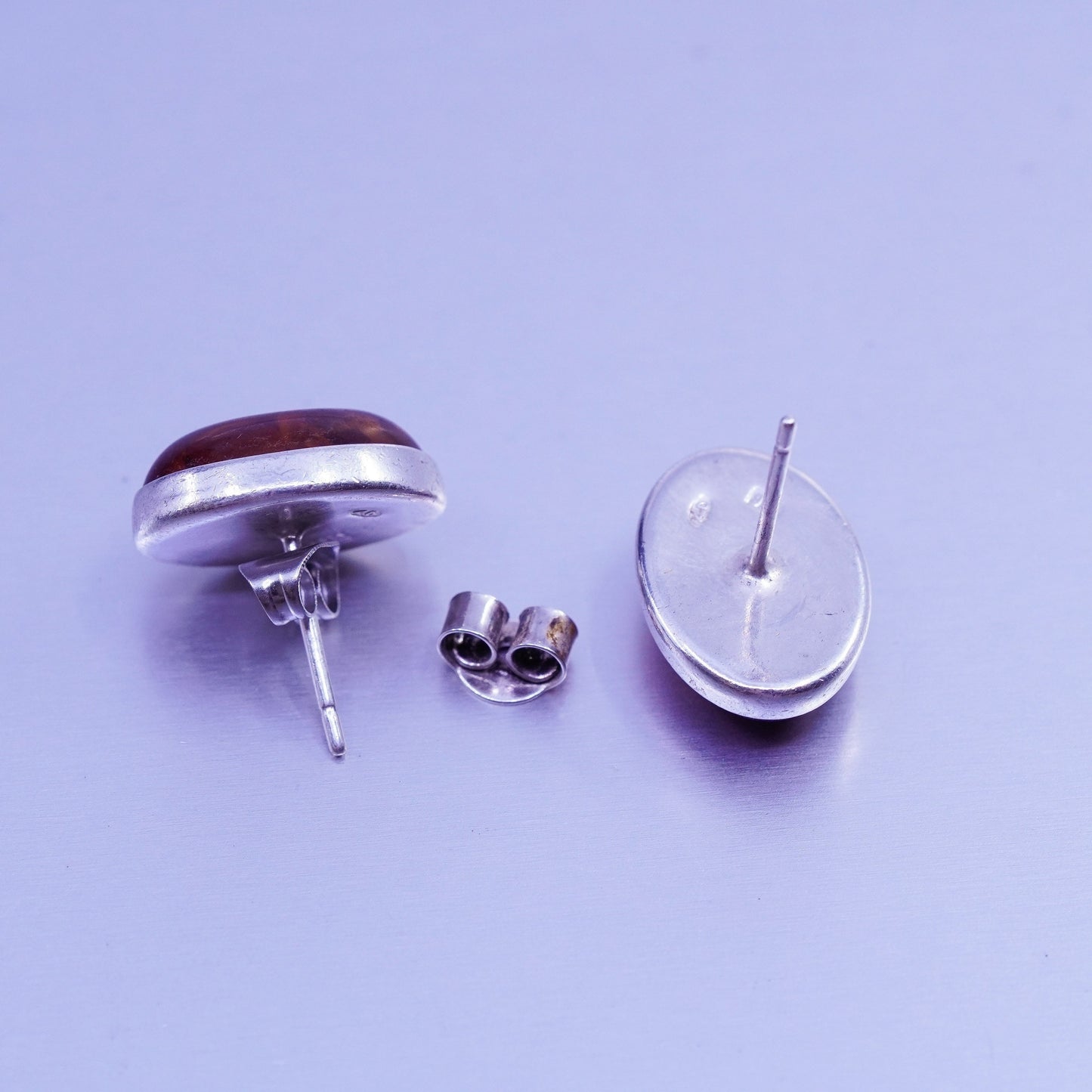 Vintage Sterling 925 silver handmade earrings, studs with oval Amber