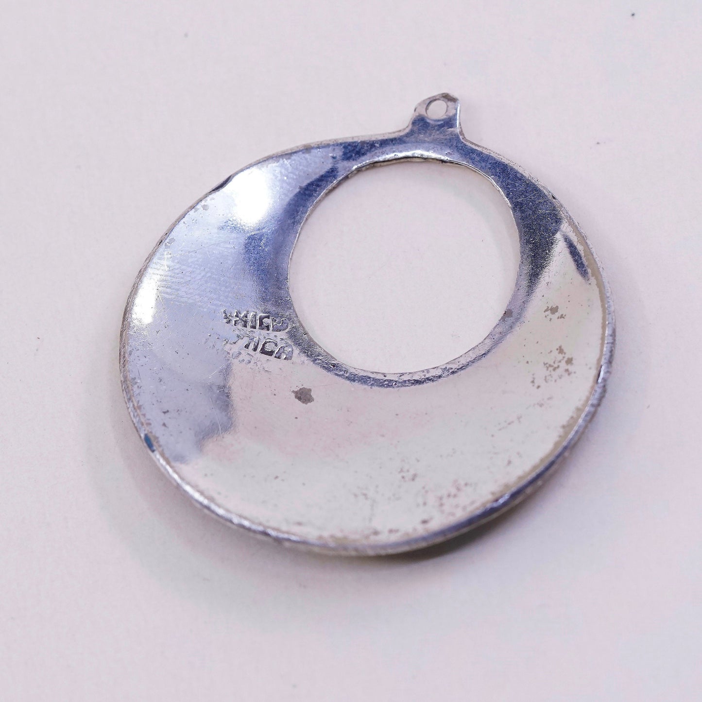 VTG alpaca silver handmade pendant, round circle with abalone